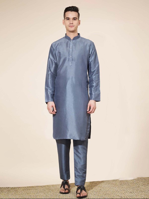 Slate Blue Pure Silk Readymade Kurta Pajama